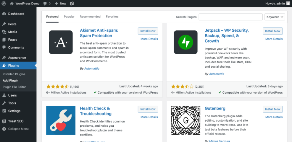 WordPress 'Add Plugins' screen from the dashboard, featuring Akismet and Jetpack, illustrating how to install WordPress plugins.