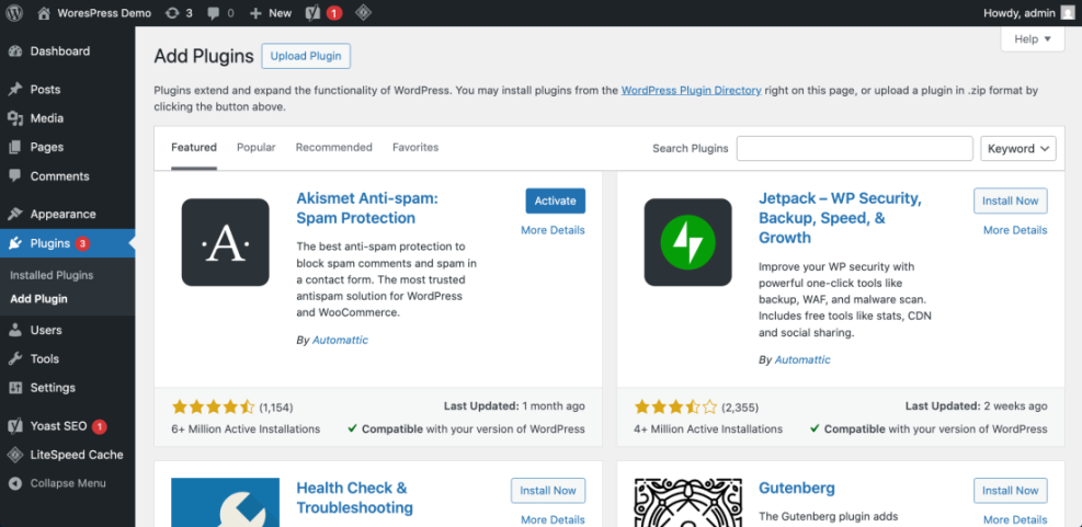 WordPress admin screen displaying the 'Add Plugins' page, featuring search, upload options, and a list of available plugins.