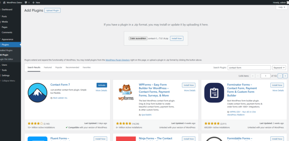 How to install a plugin in WordPress: The Add Plugins screen with ZIP upload, search bar, and contact form plugin results displayed.