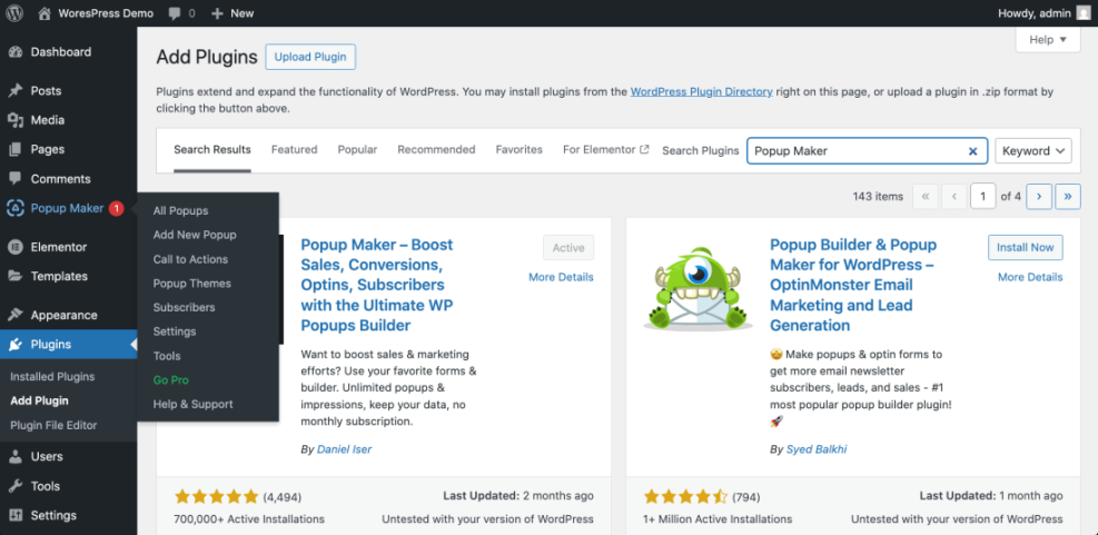 WordPress dashboard showing the Add Plugins screen with 'Popup Maker' plugin searched and active, highlighting the Popup Maker navigation menu.