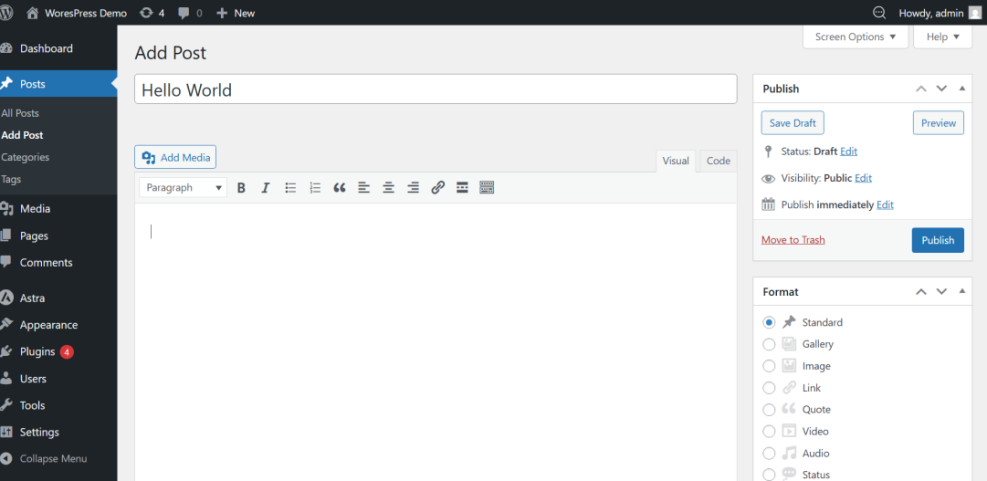 WordPress 'Add Post' screen, showing the content editor and publish settings, demonstrating how WordPress is used for creating blog posts.