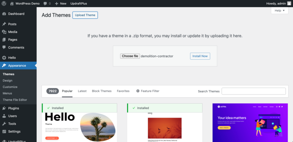WordPress "Add Themes" page with "Upload Theme" option selected, demonstrating how to install a WordPress theme by uploading a .zip file.