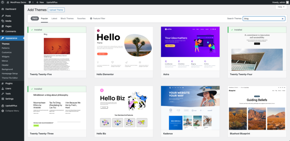 WordPress 'Add Themes' screen displaying themes for installation, with 'blog' searched, illustrating how to find and activate a new theme.