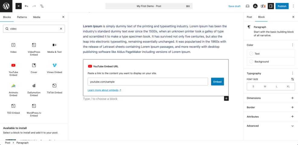 WordPress Gutenberg editor showing how to embed a YouTube video using the 'YouTube Embed' block, with 'video' searched in blocks.