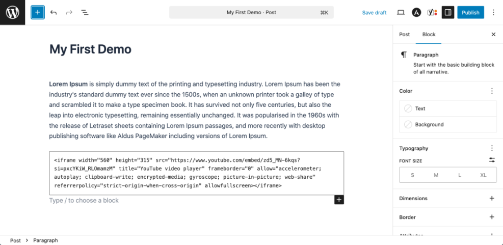 WordPress Gutenberg editor demonstrating how to embed a YouTube video using HTML iframe code within a post, with block settings sidebar open.