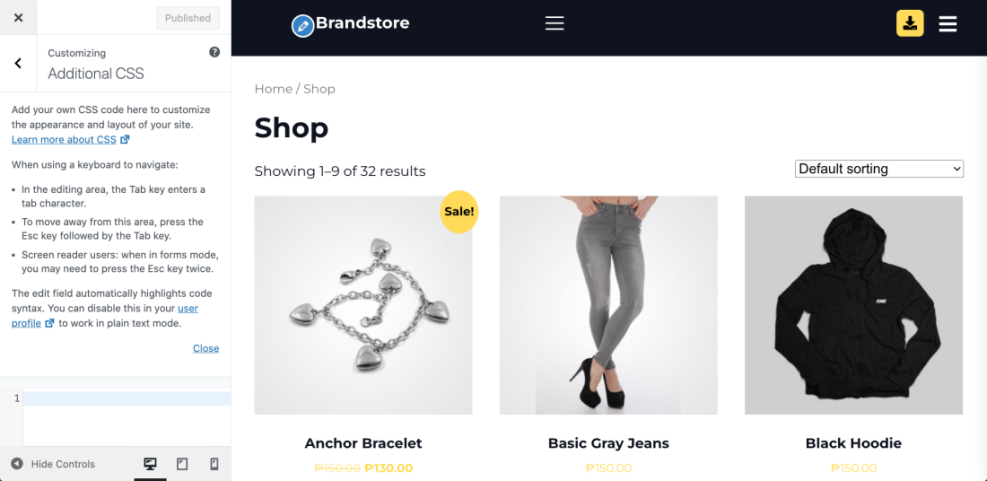 WordPress customizer with the Additional CSS editor open, displaying a Brandstore shop page preview with products. This demonstrates how to customize your WordPress website design.