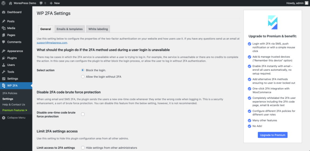WordPress admin 2FA settings for login security, including options for unavailable 2FA, brute force protection, and access limits.