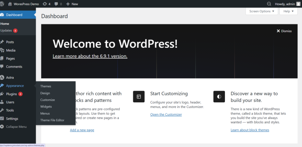 WordPress admin dashboard welcome screen with the Appearance menu expanded, highlighting options like Themes and Theme File Editor for developers.