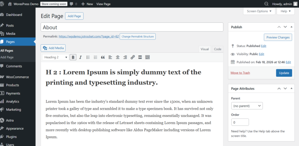 WordPress admin 'Edit Page' screen, displaying the classic editor for the 'About' page with Lorem Ipsum content and publish settings.