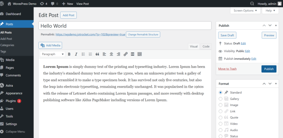 WordPress admin 'Edit Post' screen showing the classic editor with a 'Hello World' post and Lorem Ipsum content, ready for publishing.