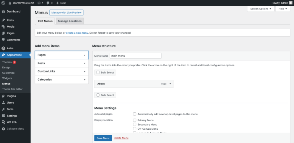 WordPress admin menu editor screen, demonstrating a core task for beginners learning WordPress menu management.