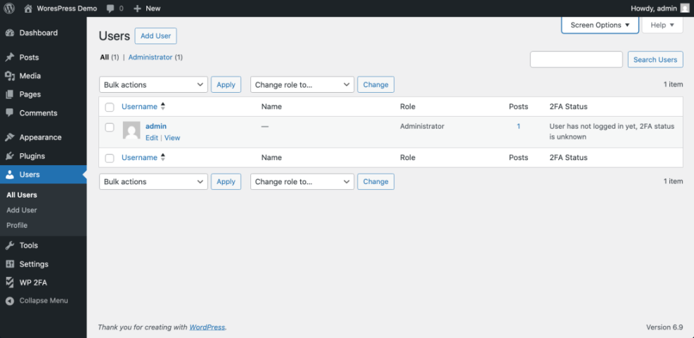 WordPress dashboard 'Users' page displaying the administrator user list for managing accounts and security settings.