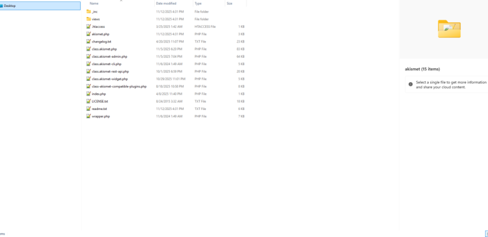 File explorer view showing the core files of the Akismet WordPress plugin, illustrating the typical directory structure for manual installation.