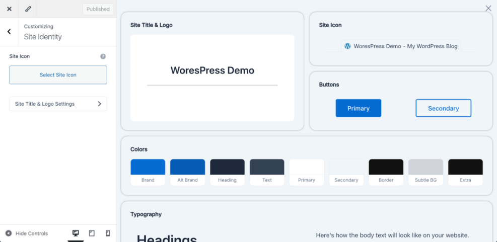 WordPress Customizer showing site identity settings, logo, site icon, colors, and typography, essential for how to build a WordPress website.