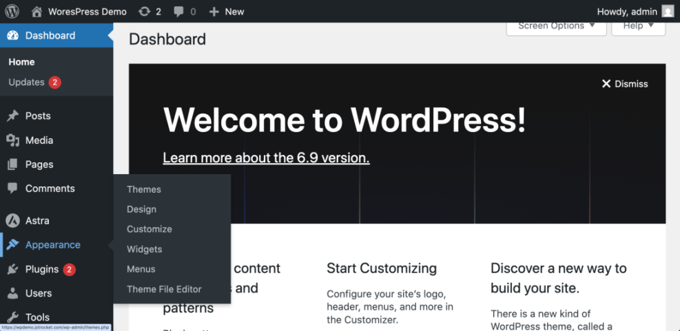 WordPress dashboard showing the Appearance menu expanded, with options like Themes, Customize, and Widgets, crucial for how WordPress works.
