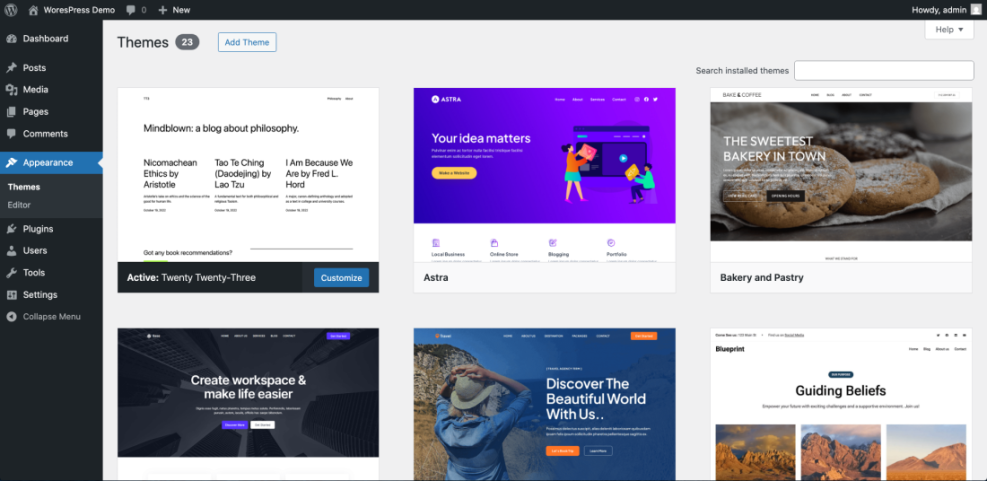 WordPress themes dashboard showing active Twenty Twenty-Three and other options like Astra, crucial for design and site speed.