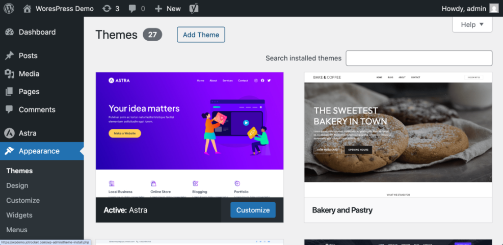 WordPress dashboard showing the Appearance > Themes section with the active Astra theme and other theme options for building a WordPress website.