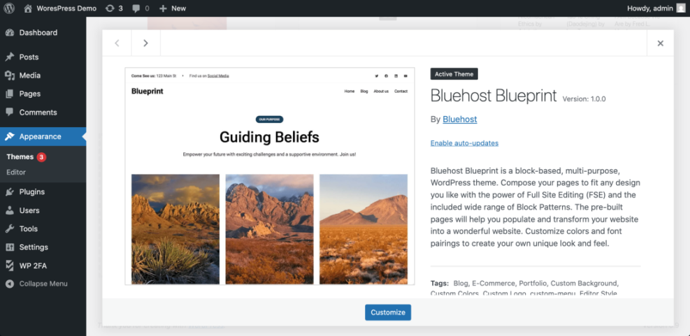 WordPress dashboard displaying the Appearance > Themes section with the Bluehost Blueprint theme's details and description.