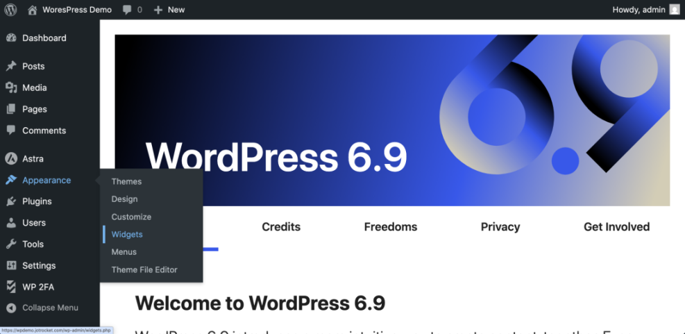 WordPress admin dashboard highlighting the 'Appearance' menu and its dropdown, with 'Widgets' selected, demonstrating how to access WordPress widgets.