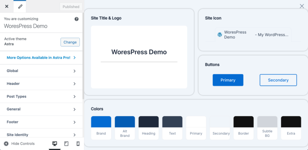 WordPress Customizer showing Astra theme settings for site identity, colors, and buttons, a key step in how to start a blog WordPress.
