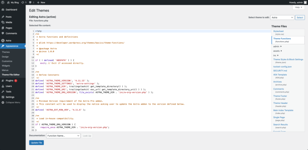 WordPress Theme File Editor displaying Astra theme's functions.php file, useful for advanced WordPress customizations.