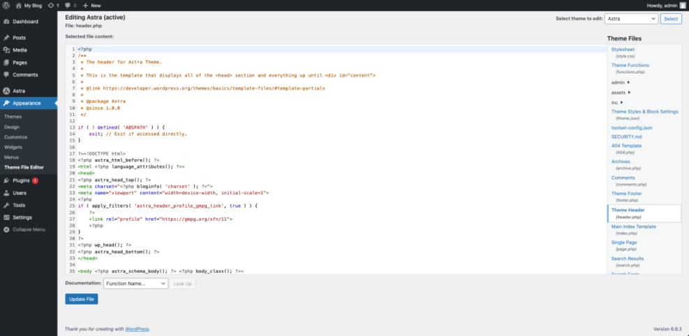WordPress Theme File Editor displaying header.php for the Astra theme, showing code relevant for advanced header modifications like logo integration.