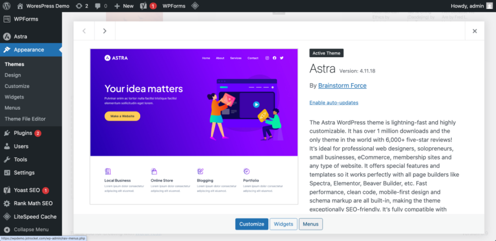 WordPress dashboard showing the Astra theme details, highlighting its features for website design and customization.