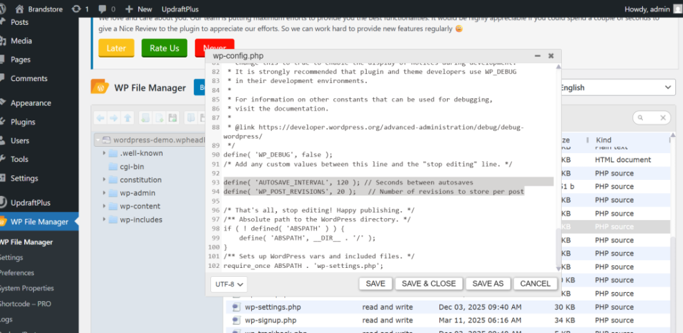 WordPress admin with WP File Manager editing wp-config.php, showing autosave interval (120s) and post revisions (20) settings.