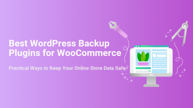Illustration featuring a monitor displaying a website, a pen, and a compass, with text: 'Best WordPress Backup Plugins for WooCommerce' to secure online store data.