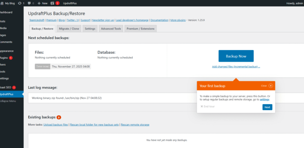 UpdraftPlus WordPress backup plugin interface displaying the 'Backup Now' button and a first backup prompt for WooCommerce store safety.