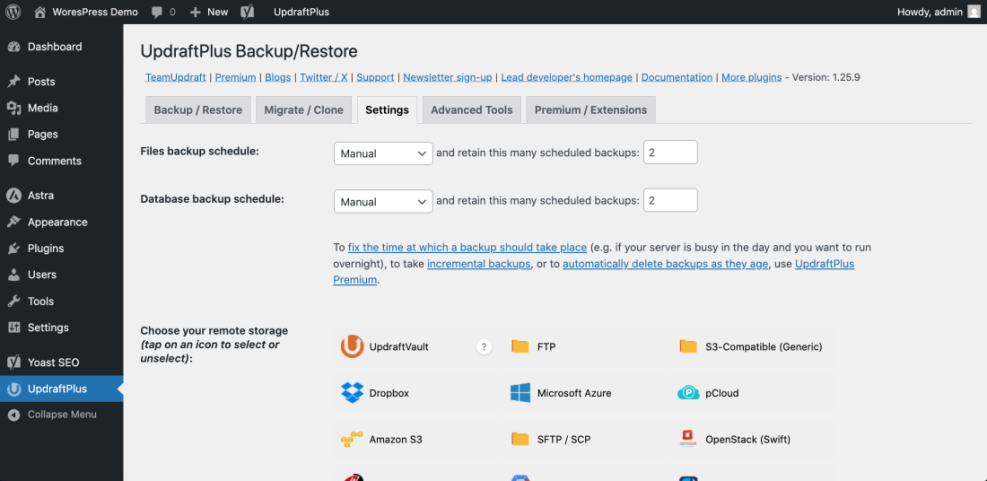 UpdraftPlus WordPress backup settings displaying manual file and database schedules, backup retention, and remote storage options.