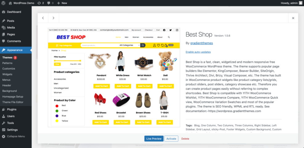 WordPress dashboard showing the 'Best Shop' e-commerce theme details, including its product layout preview, ready for installation.