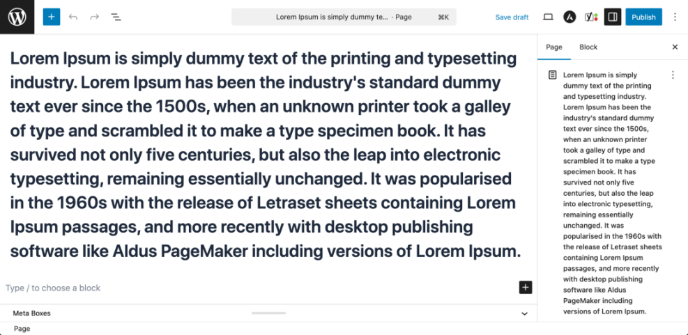 WordPress block editor displaying Lorem Ipsum content, illustrating the default interface for creating or editing pages.