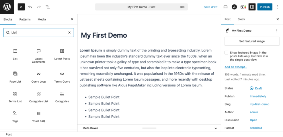 WordPress Gutenberg block editor showing the 'List' block search and a draft blog post, illustrating how to add and manage content.