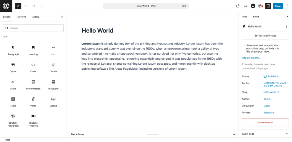 WordPress block editor (Gutenberg) interface, displaying post content, available blocks, and post settings for website design.