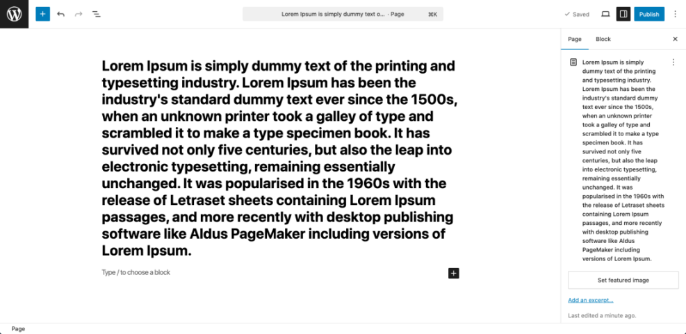 WordPress block editor interface with a page displaying Lorem Ipsum text, and the document settings sidebar visible.