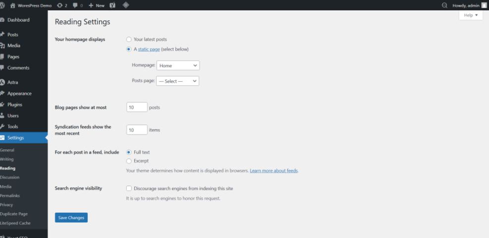 WordPress Reading Settings page in the admin dashboard, configuring homepage displays for static pages, blog posts, and feed settings.