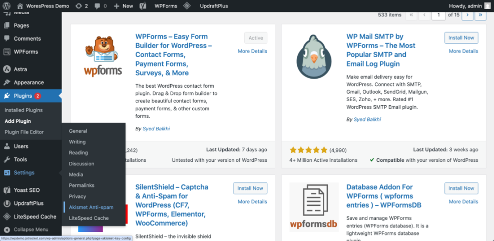 WordPress admin dashboard showing the 'Add Plugin' screen, featuring WPForms and WP Mail SMTP plugins, essential for starting a blog.