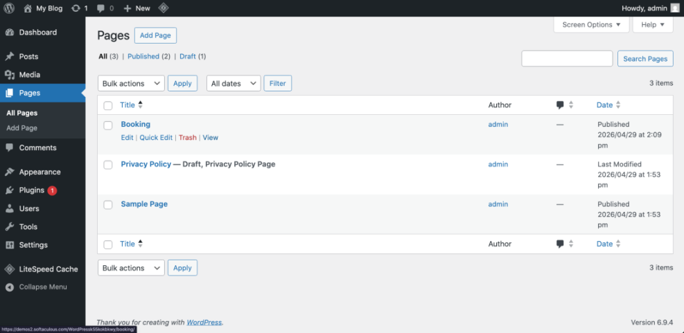 WordPress admin dashboard displaying the 'Pages' list, highlighting the 'Booking' page with edit, quick edit, trash, and view options.