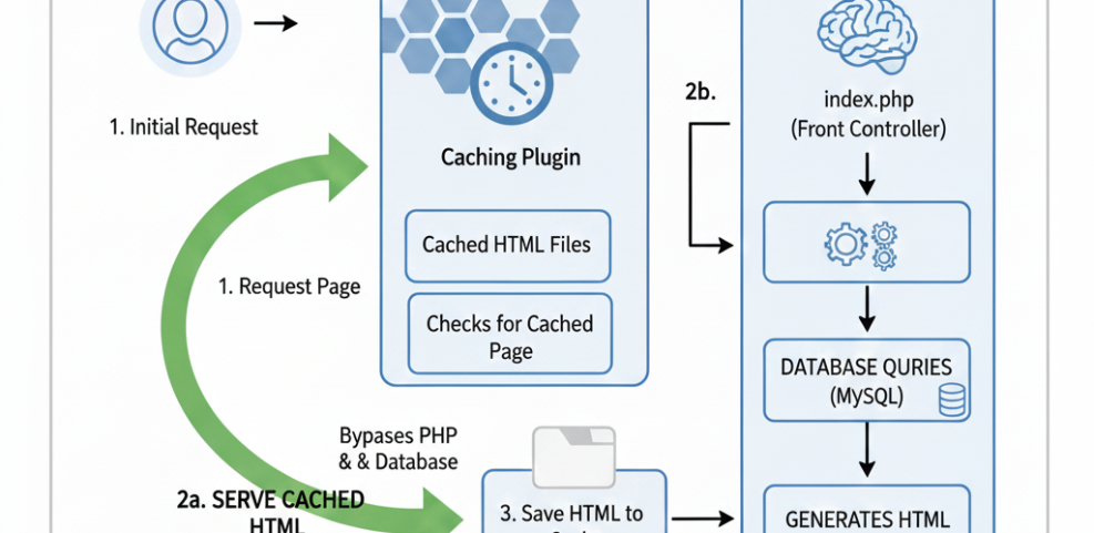 WordPress caching flow diagram illustrating how a caching plugin serves fast HTML, bypassing PHP and database for quicker page loads.