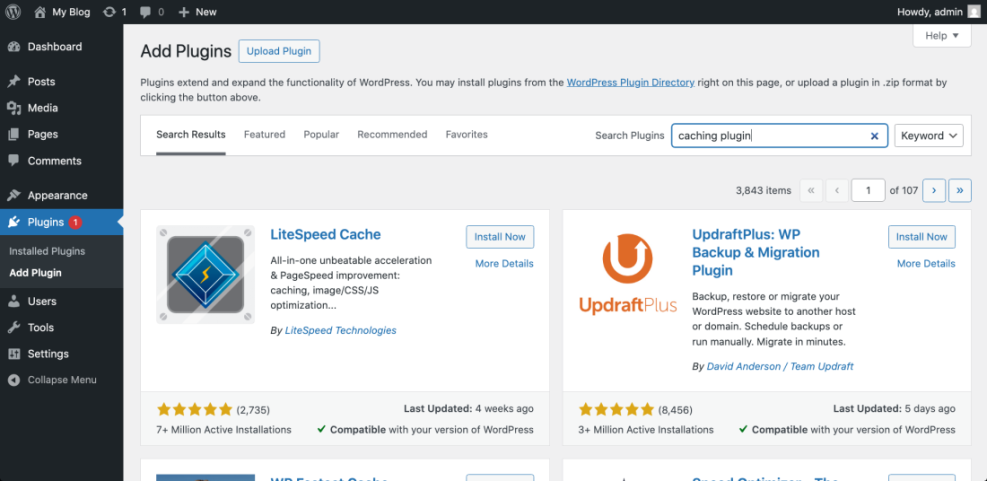 WordPress 'Add Plugins' screen displaying search results for 'caching plugin', with LiteSpeed Cache featured.