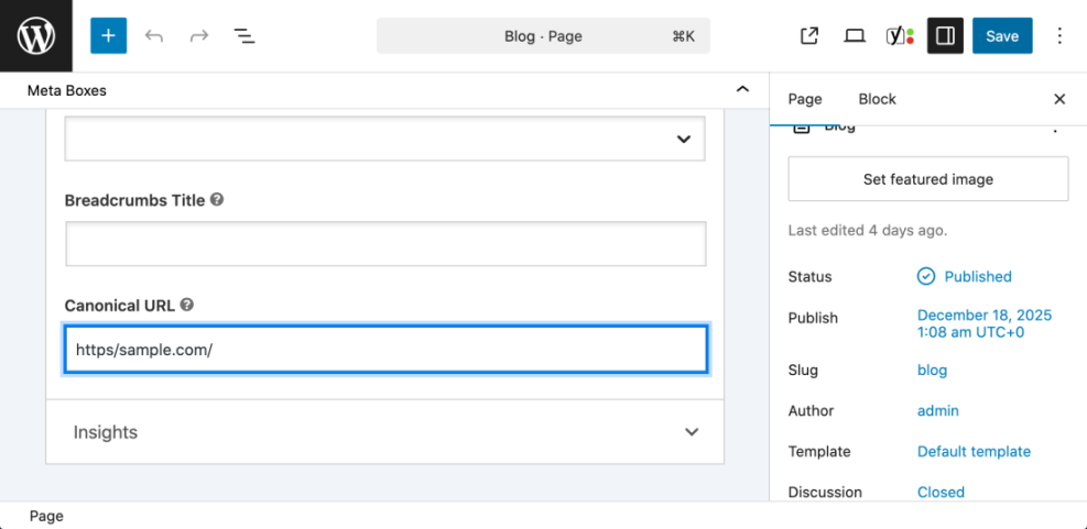 WordPress page editor showing the Canonical URL field with 'https://sample.com/' entered, demonstrating how to add a canonical tag in WordPress.