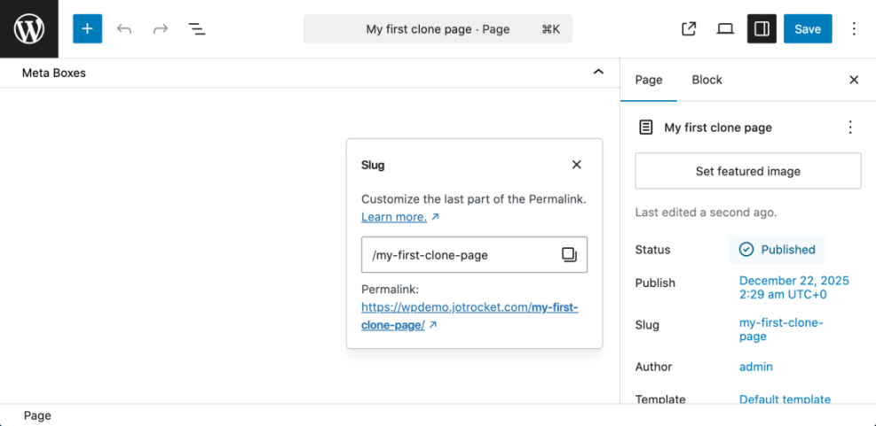 WordPress Gutenberg editor displaying slug settings for a cloned page, showing 'my-first-clone-page' in the permalink.