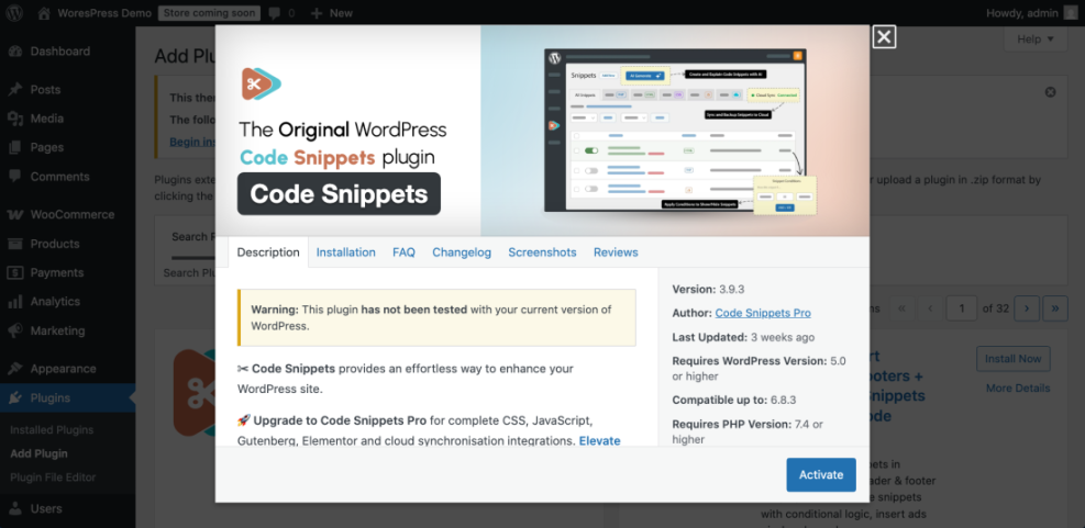 WordPress Code Snippets plugin details modal, showing version, compatibility, and activate option in the admin area, useful for adding schema markup.