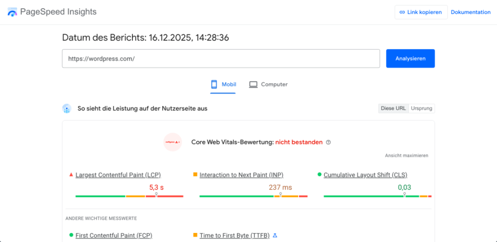 Google PageSpeed Insights report for wordpress.com demonstrating a failed Core Web Vitals assessment on mobile, with LCP at 5.3s and INP at 237ms.