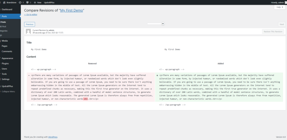 WordPress compare revisions screen displaying a diff of content changes for a post, showing removed and added text to help save and manage work.