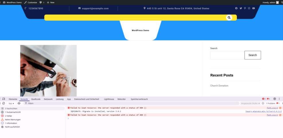 WordPress site with browser console showing 404 errors for CSS and JS files, illustrating common issues when editing files.