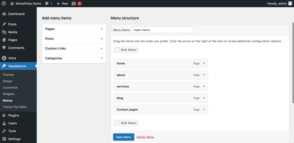 WordPress admin panel displaying the 'Menus' section to create and edit a website's main navigation menu, including pages, posts, and custom links.