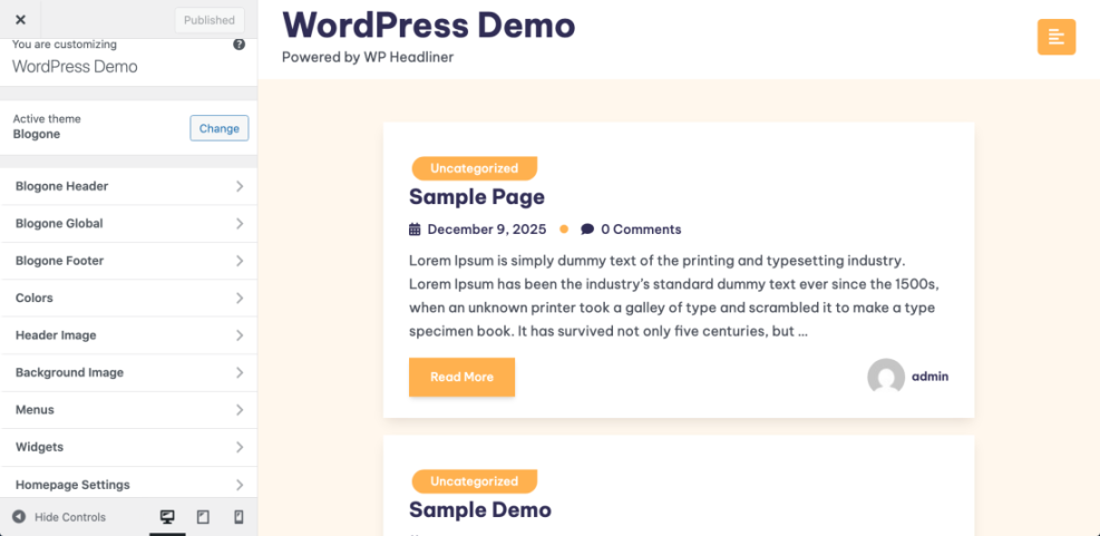 WordPress Customizer interface, showcasing Blogone theme customization settings and a live preview of blog posts, demonstrating easy design tweaks.