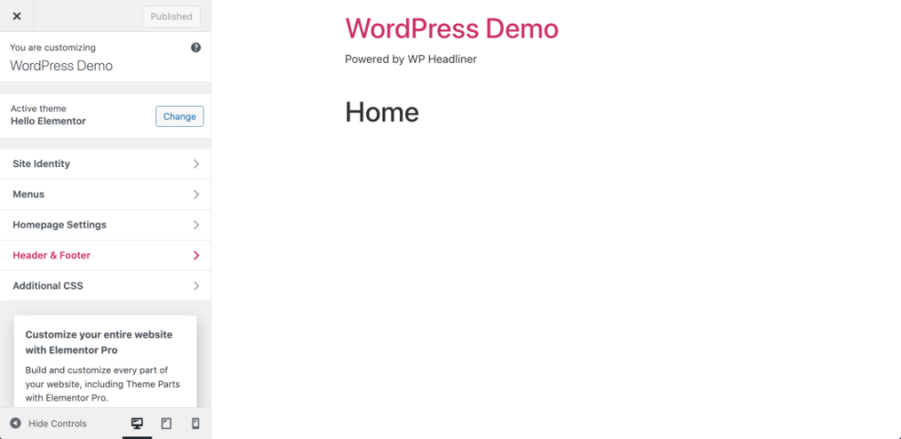 WordPress Customizer showing site customization settings for a WordPress Demo site, including the active Hello Elementor theme.